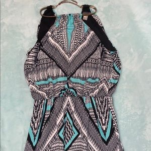 Long blue, black, and white dress